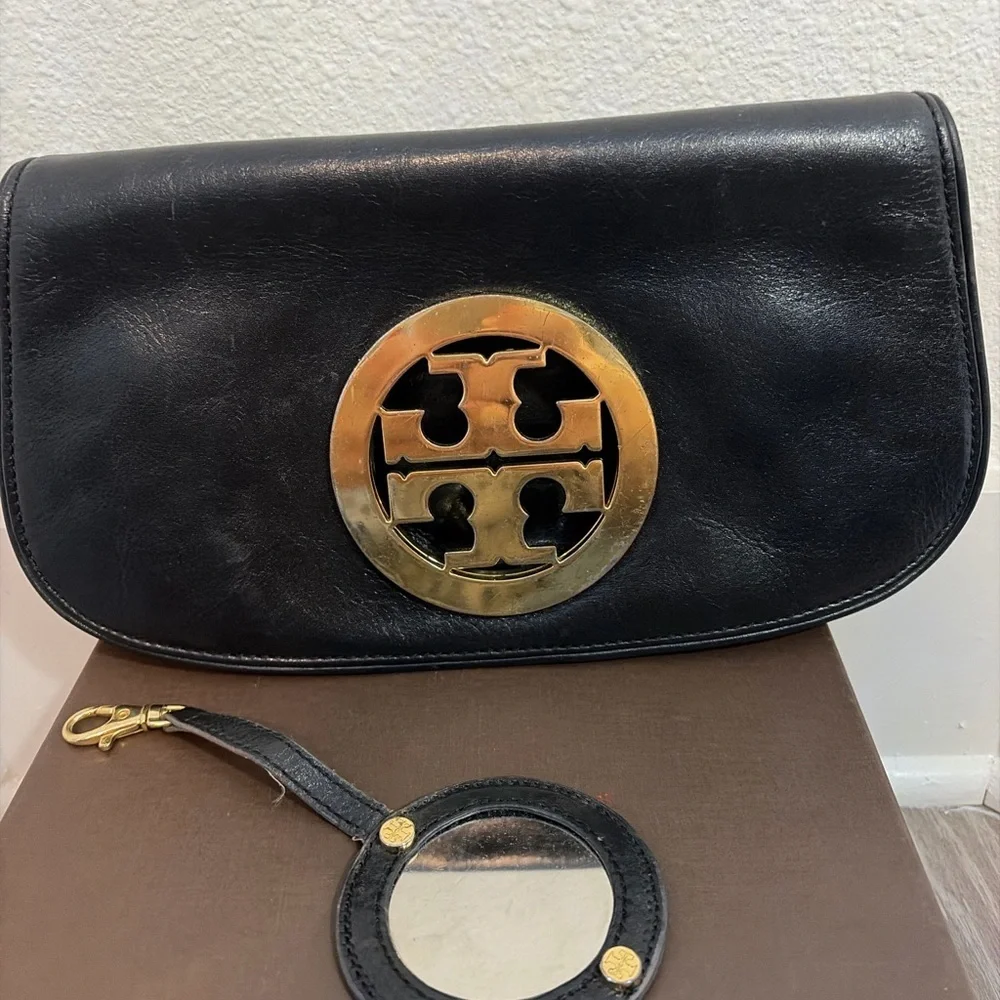Tory Burch Black Leather Reva Clutch Crossbody Gold Logo